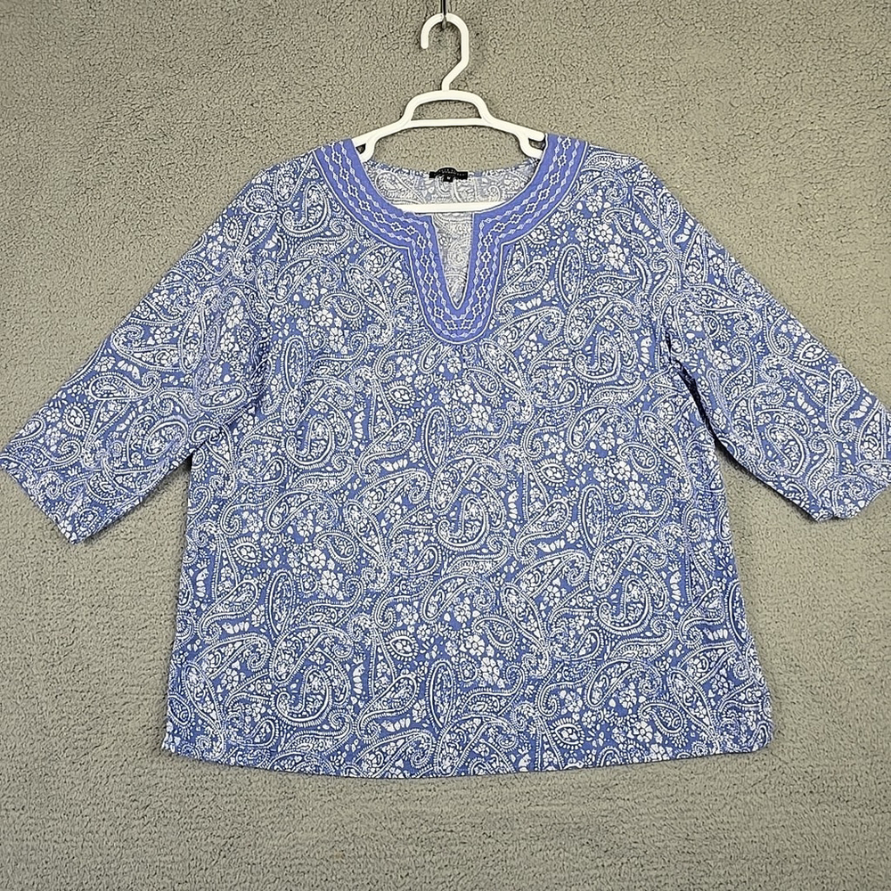 Carole Little Blue & White 3/4 Sleeve Linen Blend Embroidered Eyelet Shirt 1X - Picture 2 of 14